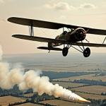 **

A vintage World War I era aerial dogfight. Biplanes are engaged in combat in the sky, with puffs of smoke from anti-aircraft fire in the background. The scene should convey the pioneering spirit and danger of early military aviation. Reference classic images of biplane aerial combat.

**