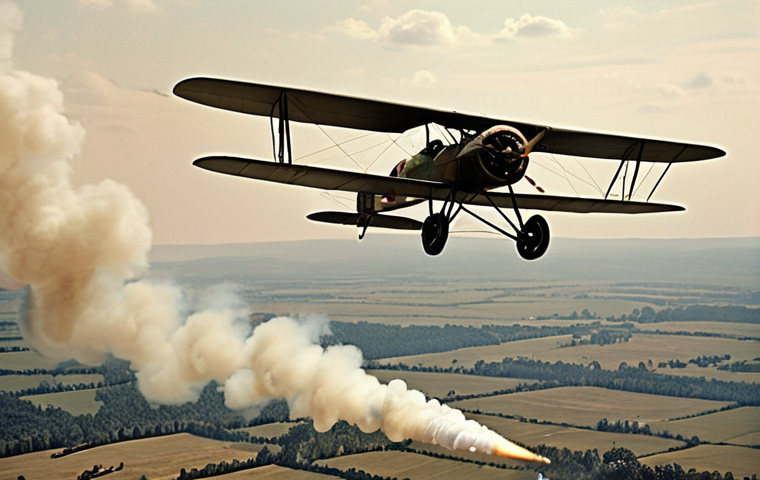 **
A vintage World War I era aerial dogfight. Biplanes are engaged in combat in the sky, with puffs of smoke from anti-aircraft fire in the background. The scene should convey the pioneering spirit and danger of early military aviation. Reference classic images of biplane aerial combat.
**