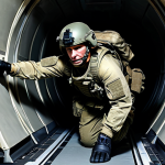 A male Air Force Special Forces soldier in dynamic training, wearing a full tactical uniform, combat boots, gloves, and a protective helmet. All clothing is appropriate attire, fully clothed, modest, and professional. The soldier is inside a simulated aircraft fuselage or a narrow corridor, demonstrating a precise close-quarters combat technique, showing focus and control. The lighting is practical and focused on the training. Perfect anatomy, correct proportions, natural pose, well-formed hands, proper finger count, natural body proportions, professional military photography, high detail, realistic, sharp focus, safe for work, appropriate content, fully clothed.