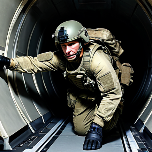 Home 7 A male Air Force Special Forces soldier in dynamic training, wearing a full tactical uniform, combat boots, gloves, and a protective helmet. All clothing is appropriate attire, fully clothed, modest, and professional. The soldier is inside a simulated aircraft fuselage or a narrow corridor, demonstrating a precise close-quarters combat technique, showing focus and control. The lighting is practical and focused on the training. Perfect anatomy, correct proportions, natural pose, well-formed hands, proper finger count, natural body proportions, professional military photography, high detail, realistic, sharp focus, safe for work, appropriate content, fully clothed.
