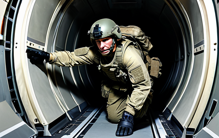 A male Air Force Special Forces soldier in dynamic training, wearing a full tactical uniform, combat boots, gloves, and a protective helmet. All clothing is appropriate attire, fully clothed, modest, and professional. The soldier is inside a simulated aircraft fuselage or a narrow corridor, demonstrating a precise close-quarters combat technique, showing focus and control. The lighting is practical and focused on the training. Perfect anatomy, correct proportions, natural pose, well-formed hands, proper finger count, natural body proportions, professional military photography, high detail, realistic, sharp focus, safe for work, appropriate content, fully clothed.