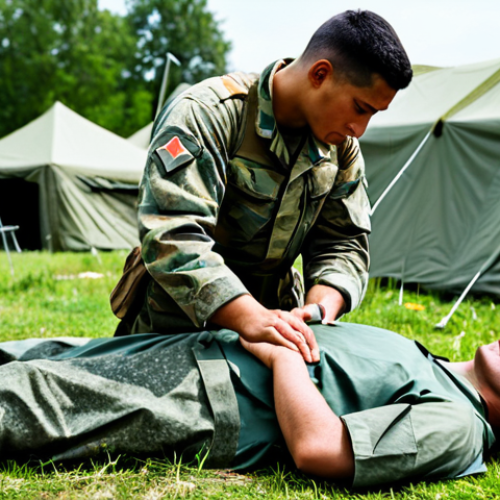 Field Hospital Training**

"A fully clothed, professional military medic in appropriate uniform, tending to a simulated wounded soldier during a field training exercise. The scene is set in a realistic, outdoor environment with tents and medical equipment visible in the background. Perfect anatomy, correct proportions, well-formed hands, natural pose, safe for work, appropriate content, modest, professional."

**