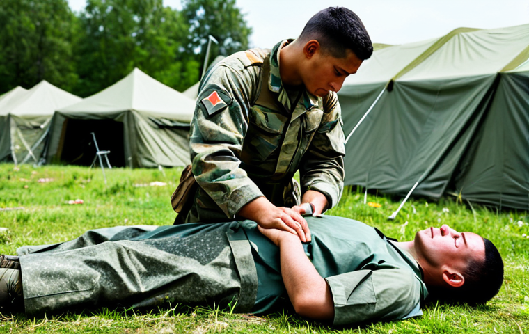 Field Hospital Training**

"A fully clothed, professional military medic in appropriate uniform, tending to a simulated wounded soldier during a field training exercise. The scene is set in a realistic, outdoor environment with tents and medical equipment visible in the background. Perfect anatomy, correct proportions, well-formed hands, natural pose, safe for work, appropriate content, modest, professional."

**