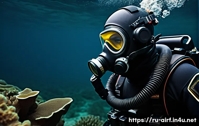 공군의 공군 특수부대 수중 침투 작전 - A highly detailed scene of a special forces diver equipped with a closed-circuit rebreather breathin...
