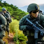 Home 19 공군의 공군 특수부대 해외 파견 사례 - A highly detailed scene of South Korean airborne special forces engaged in a joint international tra...