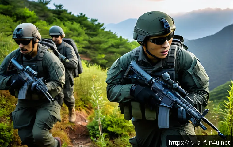 공군의 공군 특수부대 해외 파견 사례 - A highly detailed scene of South Korean airborne special forces engaged in a joint international tra...