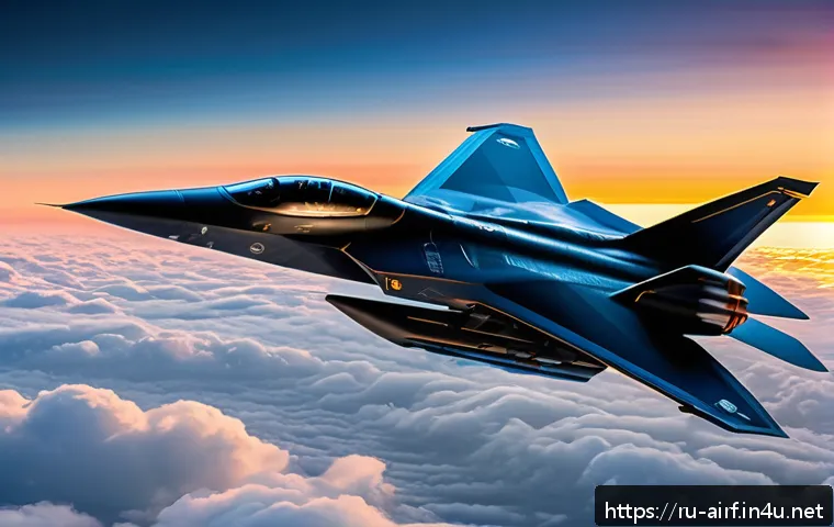 공군 전투기 종류 - A cutting-edge stealth fighter jet flying at supersonic speed above the clouds during sunset, featur...