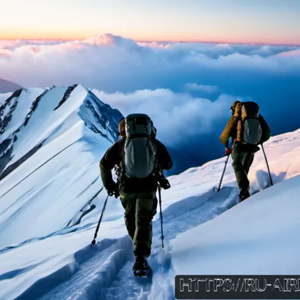 공군의 공군 특수부대 산악 훈련 - Photorealistic Russian Air Force special forces mountain training at dawn, a four-person squad in wi...