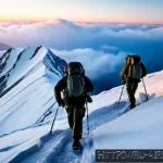 공군의 공군 특수부대 산악 훈련 - Photorealistic Russian Air Force special forces mountain training at dawn, a four-person squad in wi...