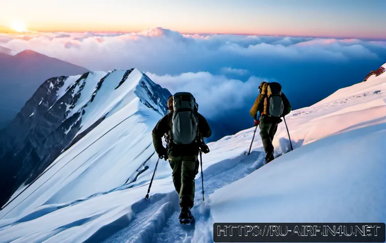 공군의 공군 특수부대 산악 훈련 - Photorealistic Russian Air Force special forces mountain training at dawn, a four-person squad in wi...